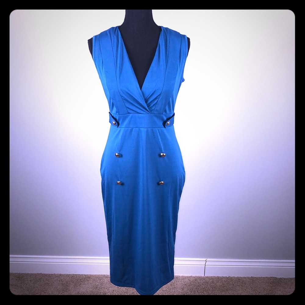 Blue Sleeveless Dress W/ Silver Buttons- S-Large